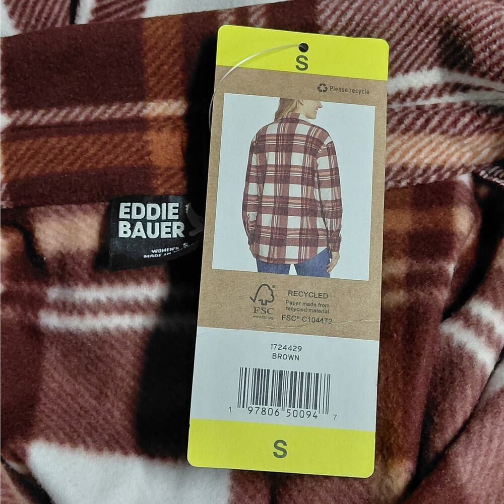 Eddie Bauer Womens Plaid Flannel Shirt Size Small Brown Shacket Cozy Gorpcore - Picture 11 of 14